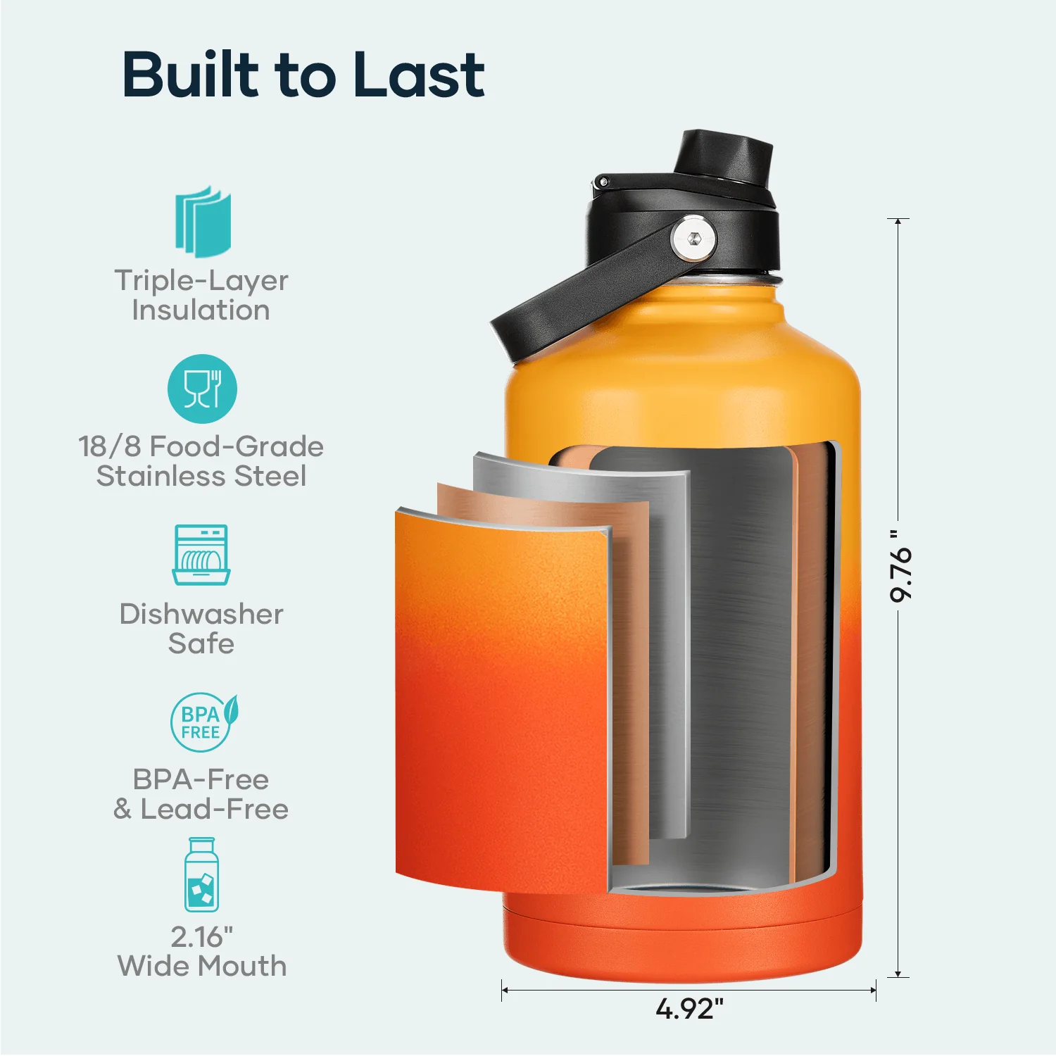 Insulated Water Bottles with 2 Lids | Yellow Orange | 64oz - Image 5