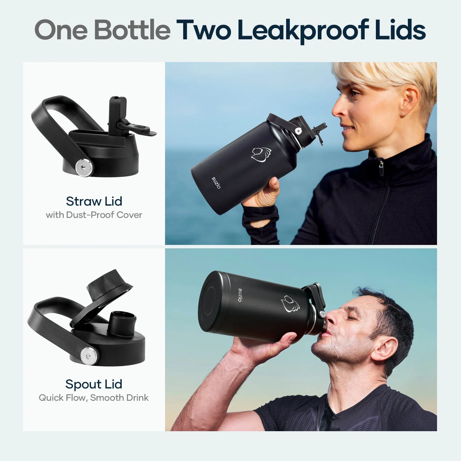 Insulated Water Bottle With 2 Lids | 64oz | Black - Image 7
